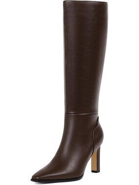 Women's Chocolate Faux Leather Pointed Square Toe Chunky Heel Knee High Boots